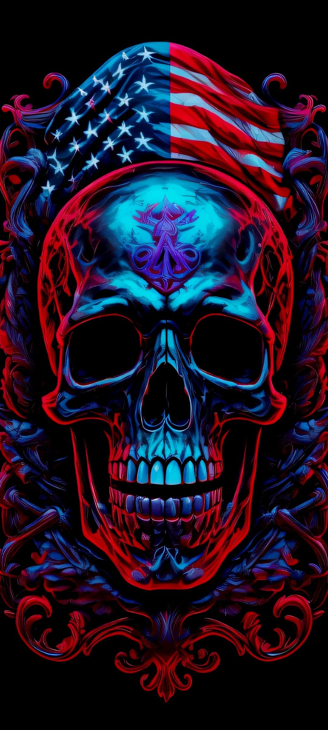 Patriotic skull with American flag patterns glows in red and blue neon light amidst dark ornate filigree.