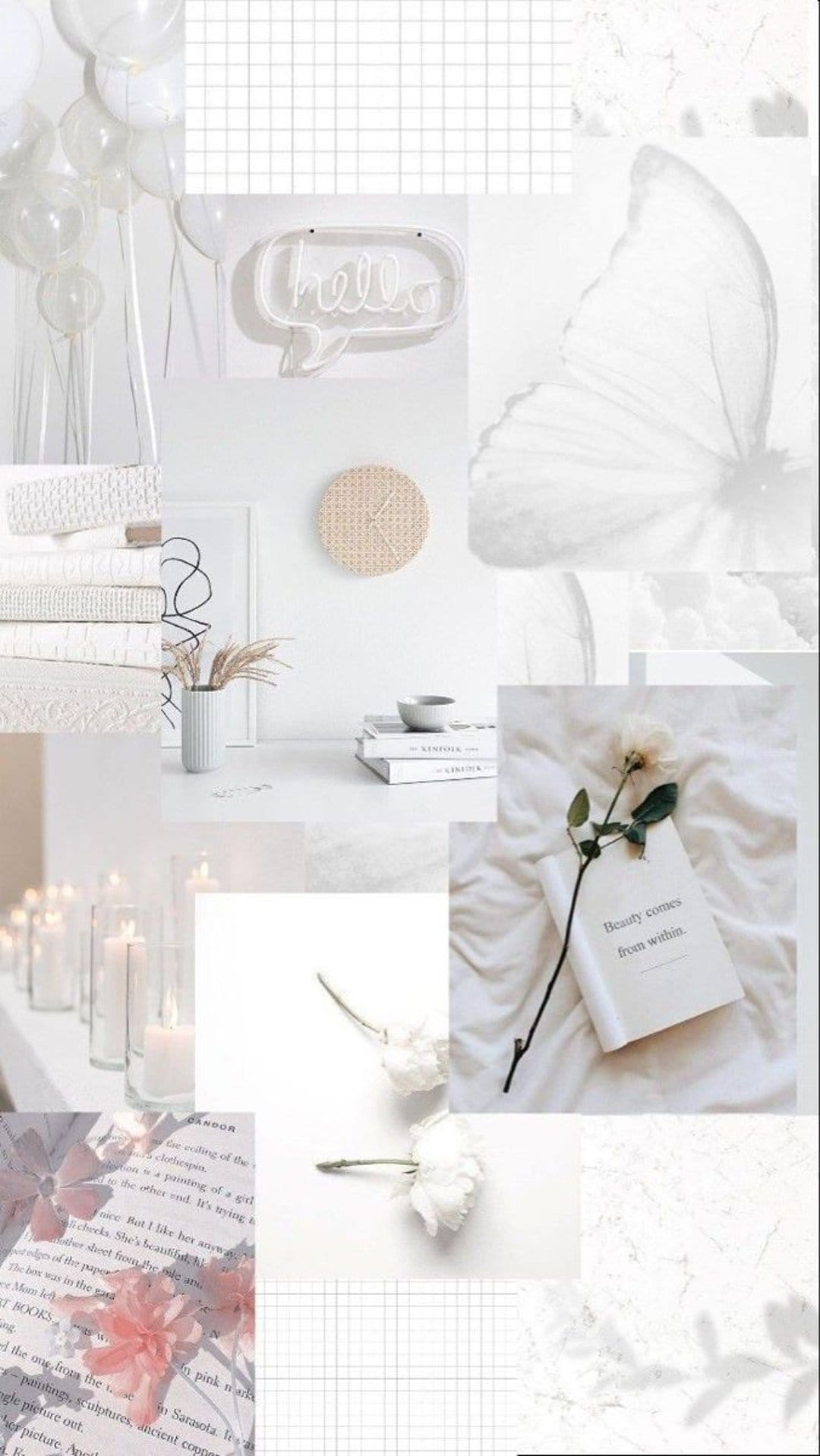 White balloons and flowers alongside stacked books and glowing candles create a peaceful aesthetic collage scene.