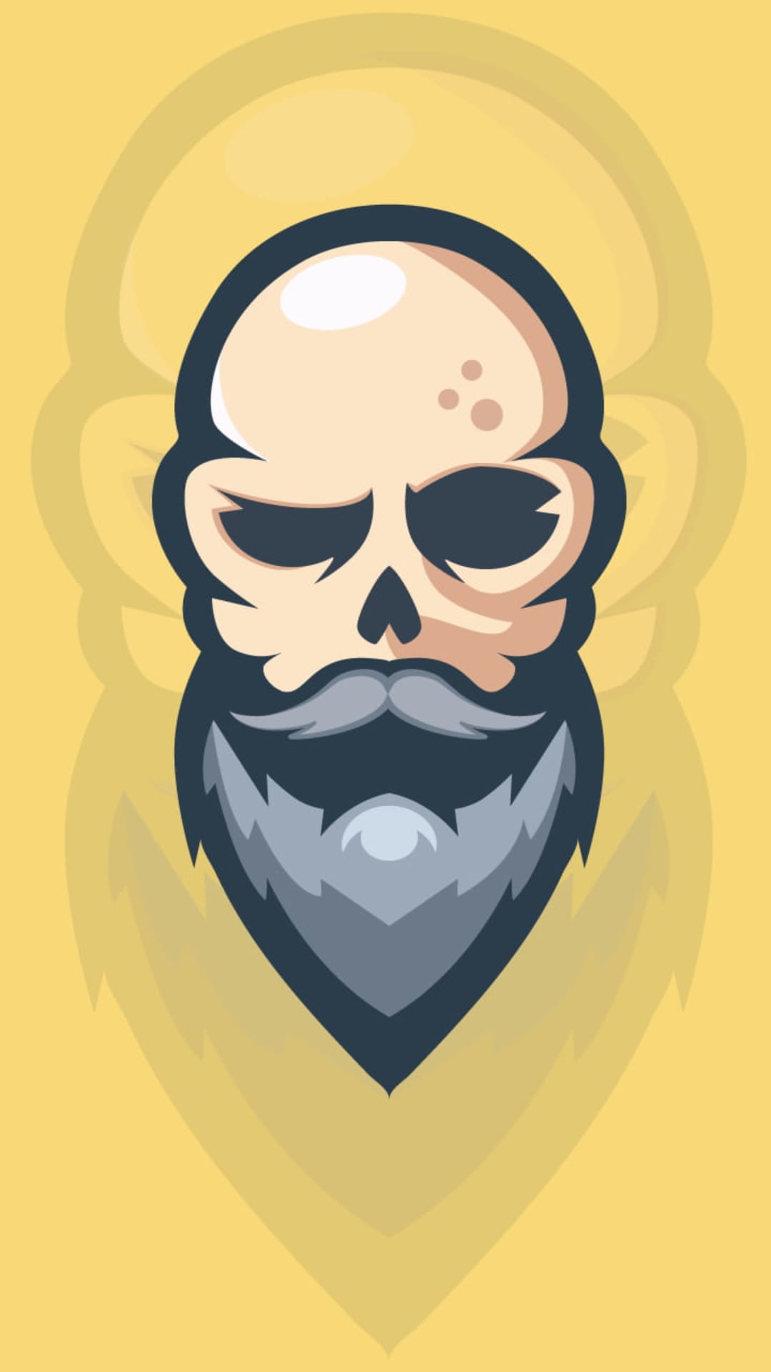 Bearded skull with a thick mustache and grey textured hair centered on a solid vibrant yellow background.