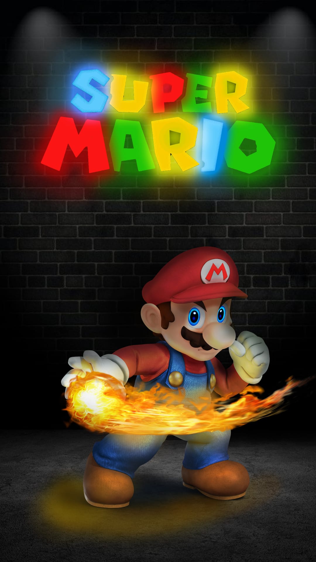 Mario lunges forward with a glowing fireball in front of a pink neon sign and a textured dark brick wall.