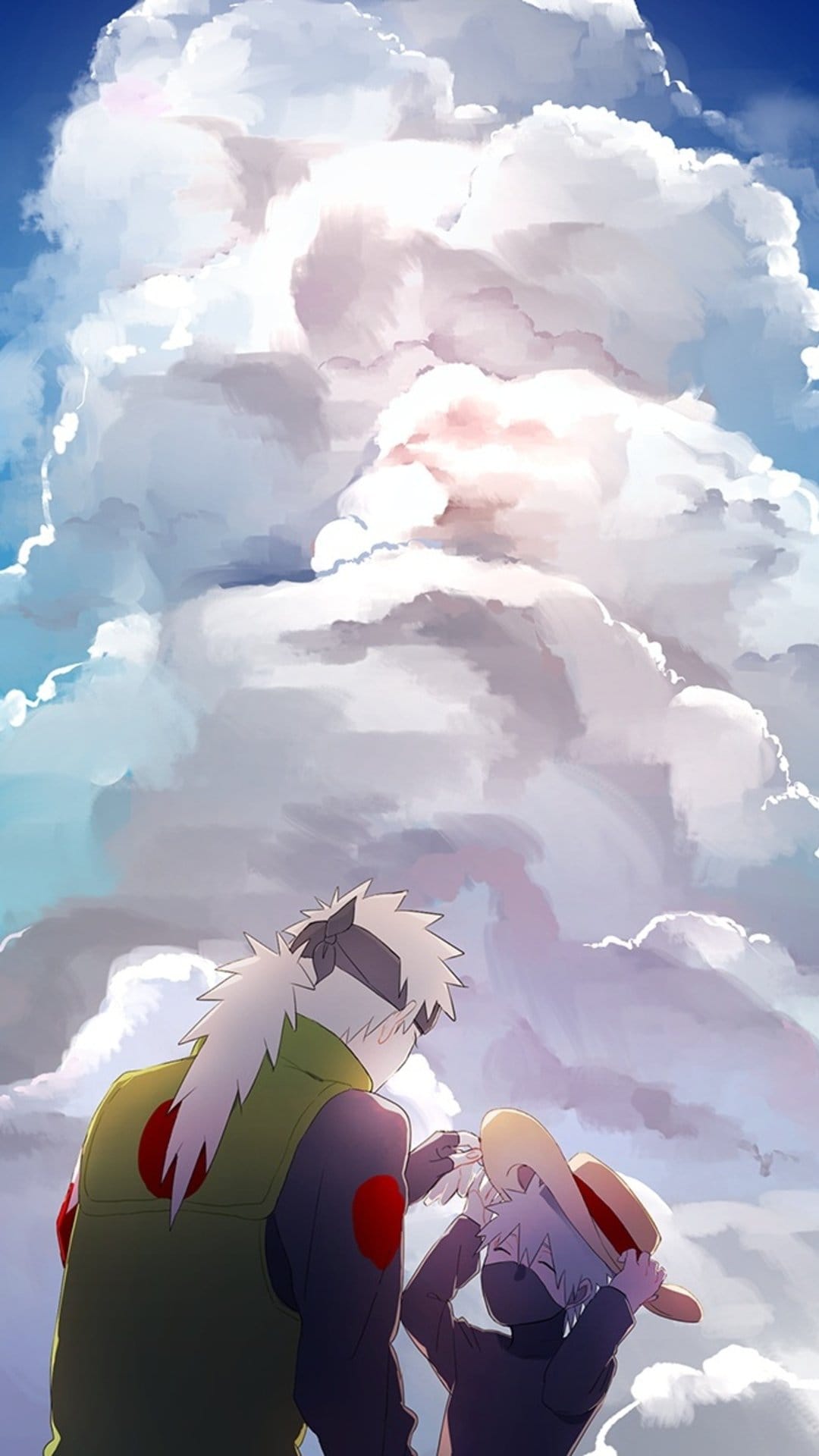 Kakashi Hatake and his younger self in a straw hat stand under towering white clouds in a bright blue sky.
