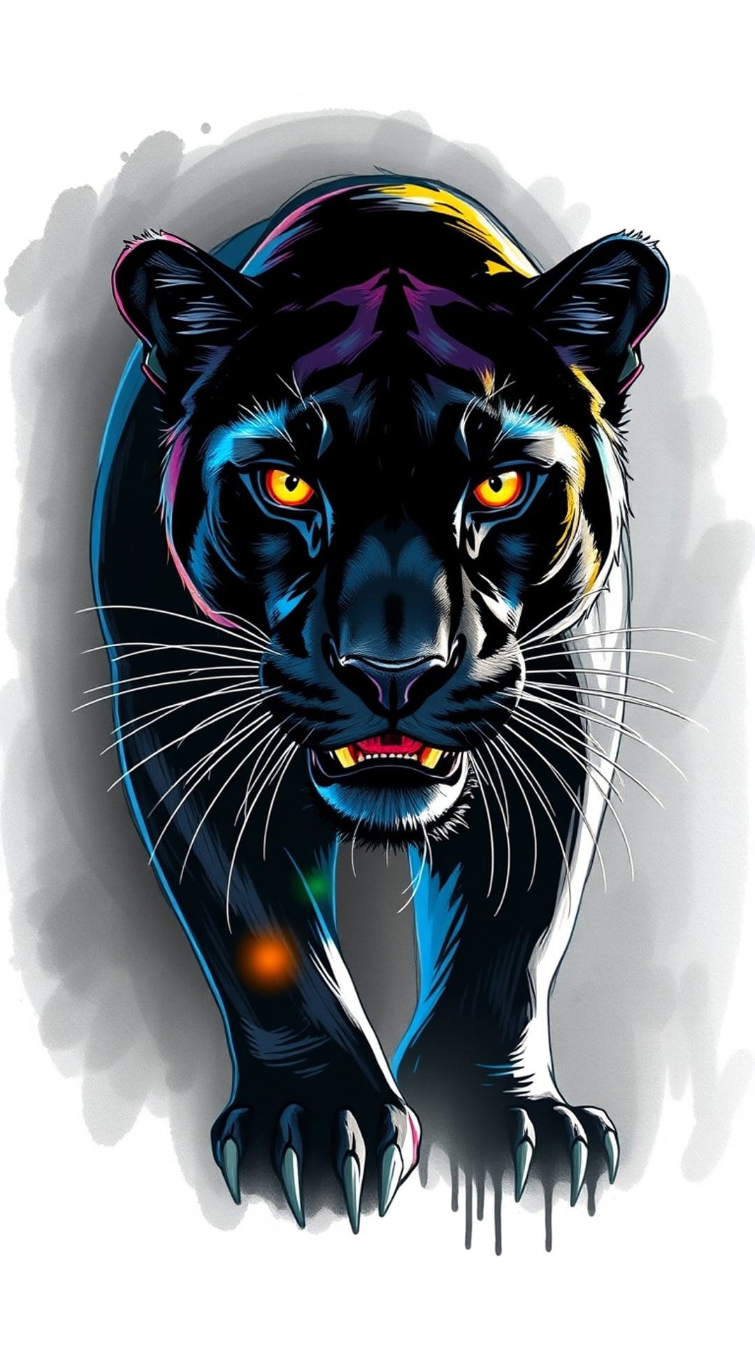Black panther snarling with bright yellow eyes and sharp white teeth amidst neon blue and purple highlights.
