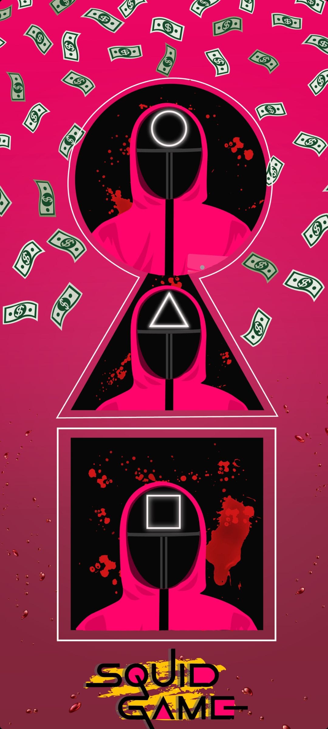 Masked guards in red jumpsuits stand beneath falling dollar bills against a bright pink solid background.