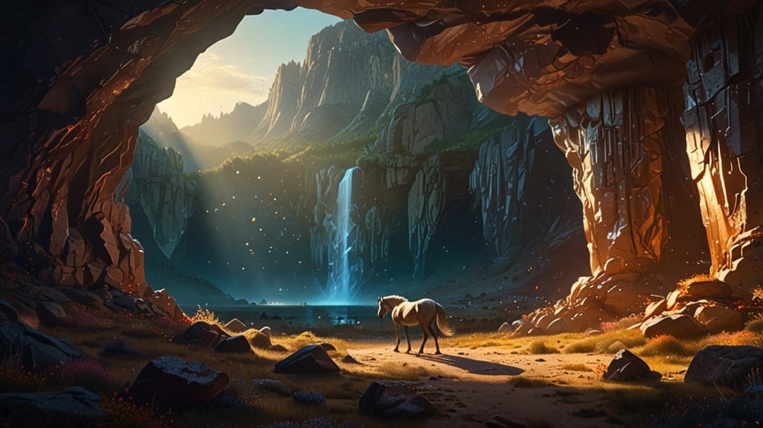 Horse standing in a sunlit cave beside a cascading waterfall and a glowing blue pool with rock formations.