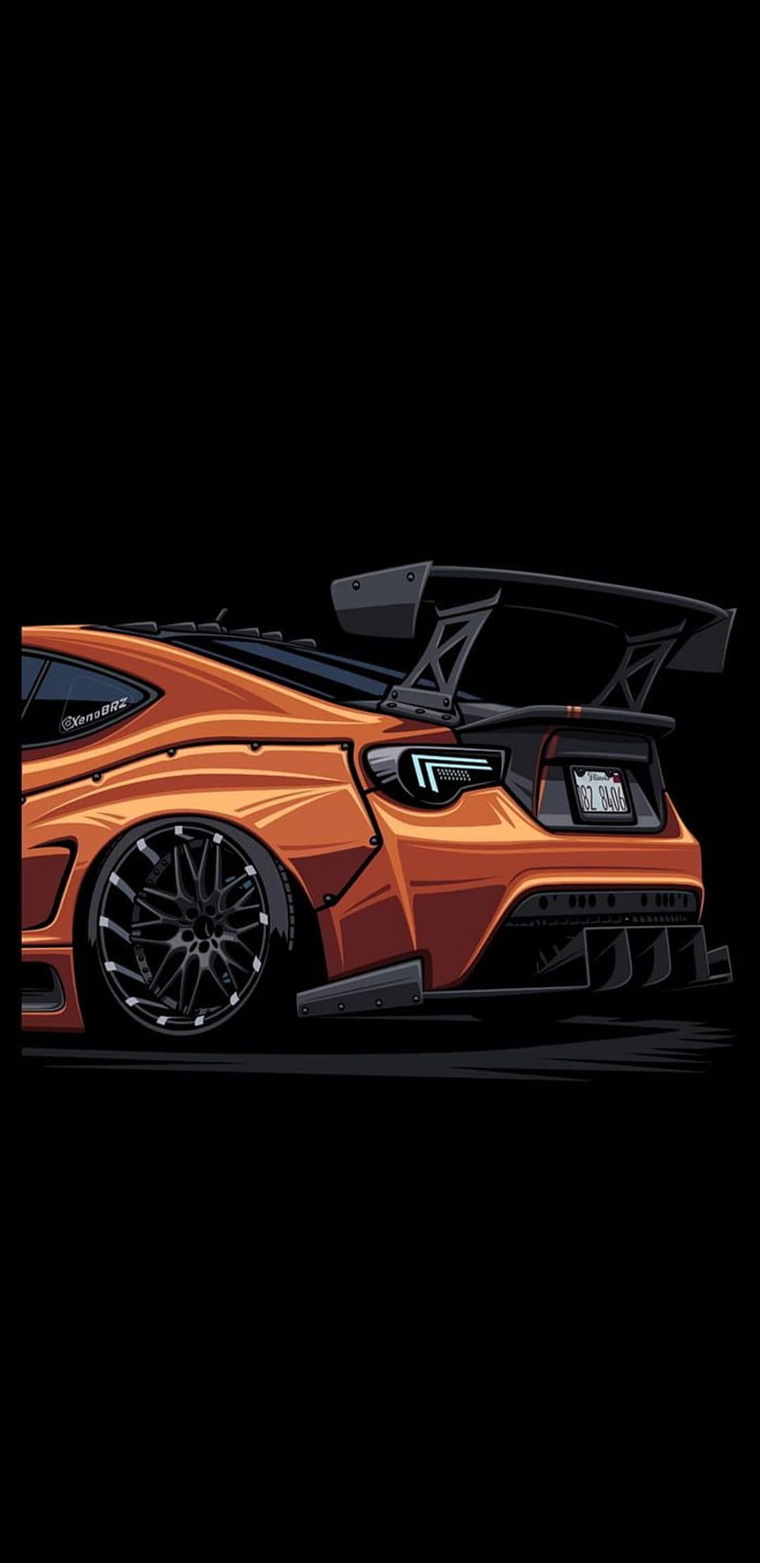 Orange widebody sports car featuring a large rear wing and glowing taillights against a solid black background.