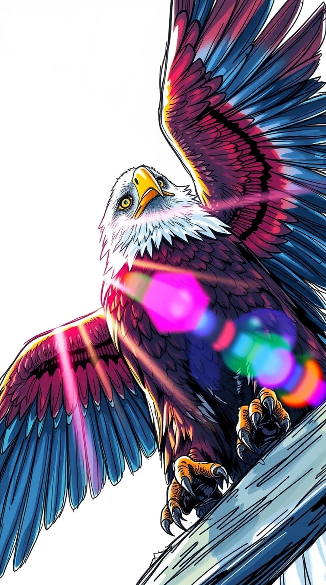 Eagle with neon pink and blue wings looks upward while perched on a branch under bright light flares.