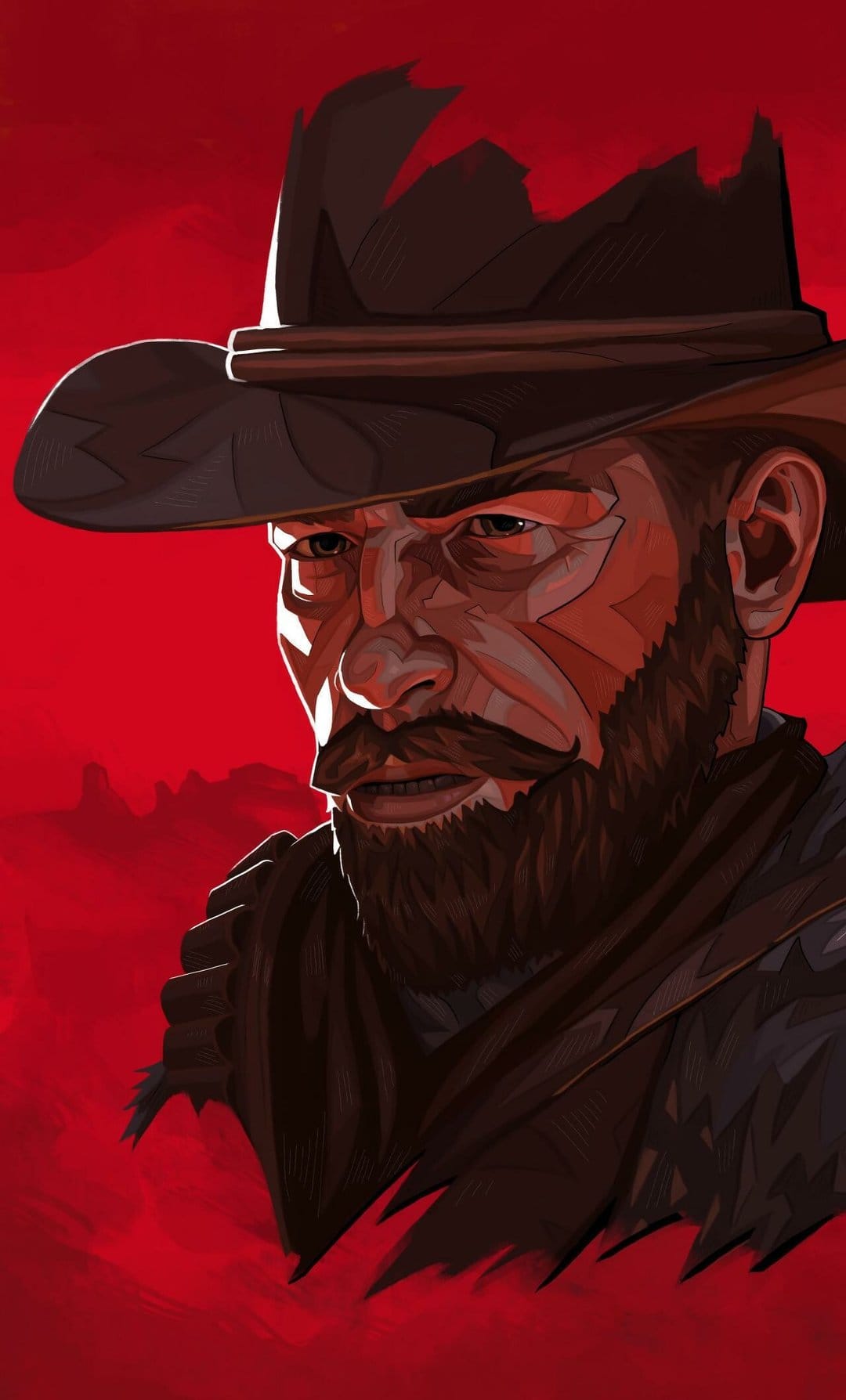 Bearded cowboy wearing a tattered hat and bandolier set against a bold red desert horizon for mobile wallpaper.