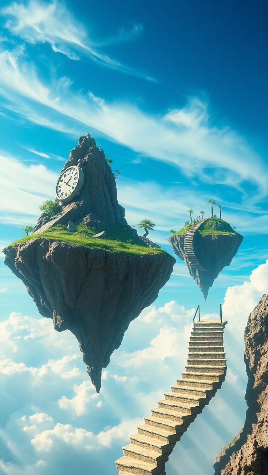 Floating mossy islands with a stone clock face and winding stairs set against a bright blue sky with soft clouds.
