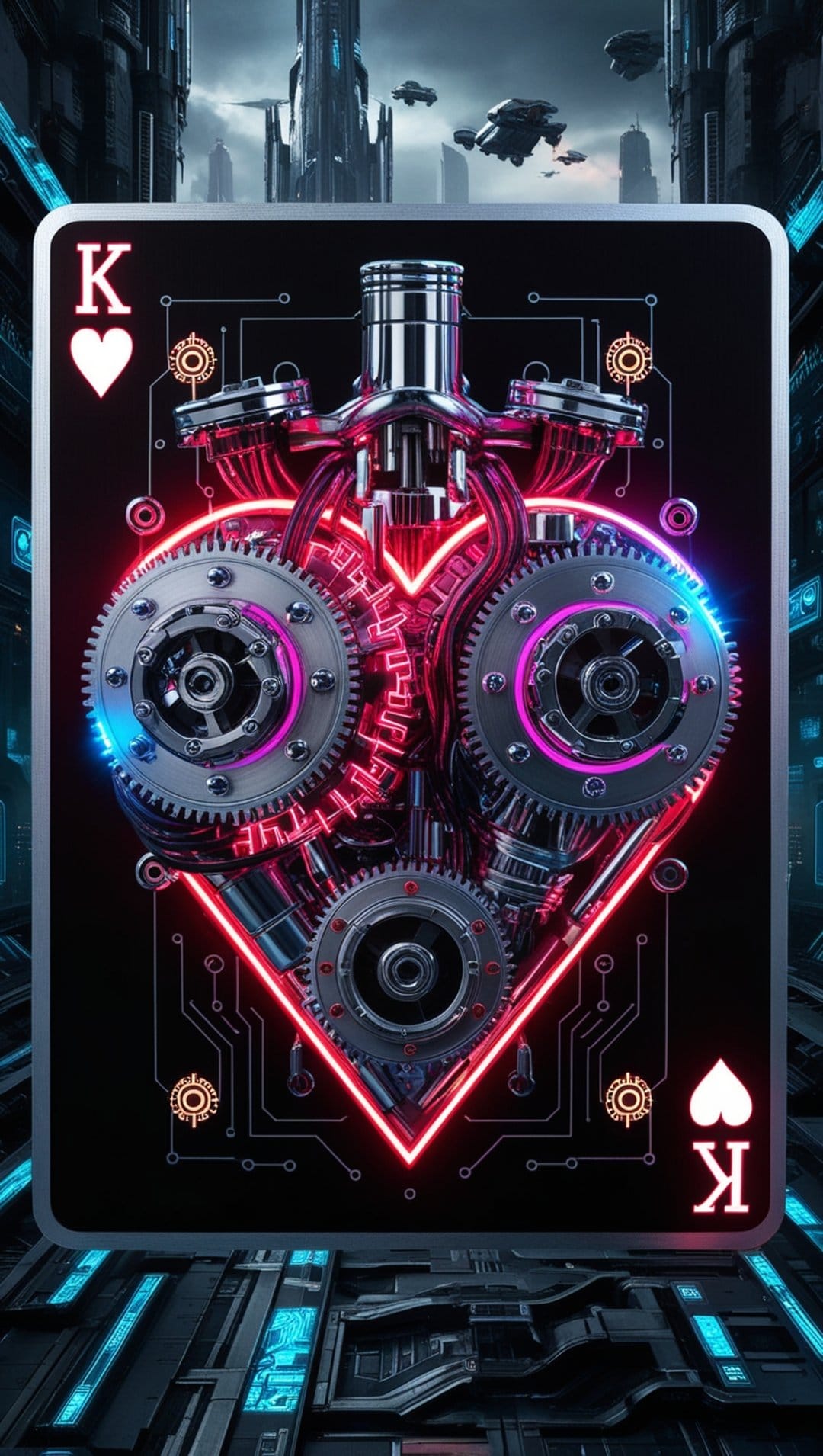 King of Hearts card featuring a mechanical heart and neon accents against a dark futuristic city skyline.
