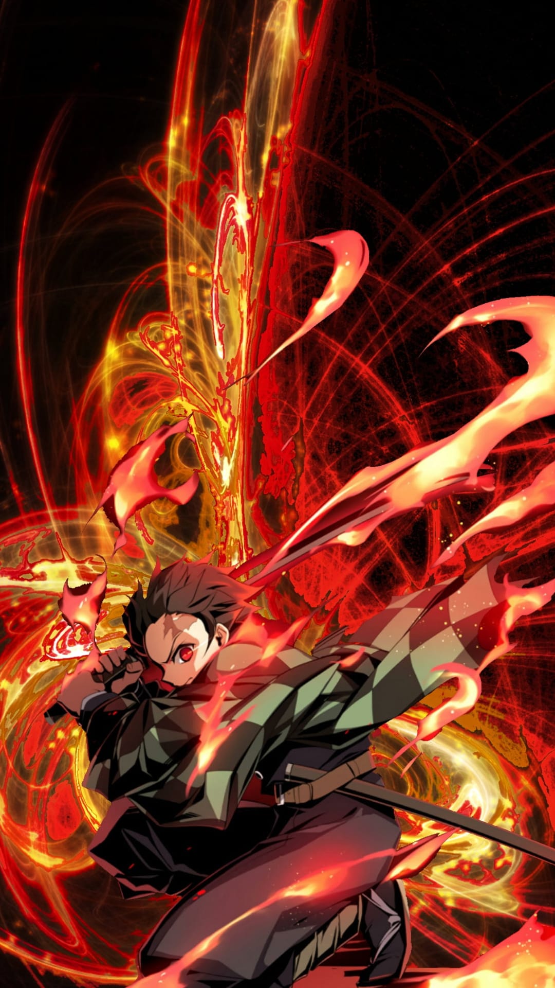 Tanjiro Kamado swings a glowing katana as swirling red and orange flames erupt in a dark, energetic space.