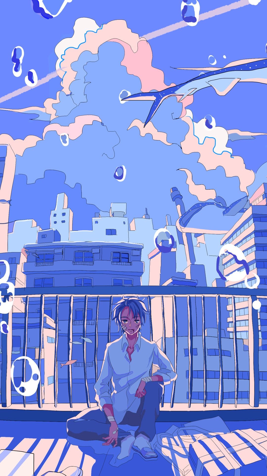 Young man on a balcony overlooks a blue anime city with floating fish and massive summer clouds in the sky.