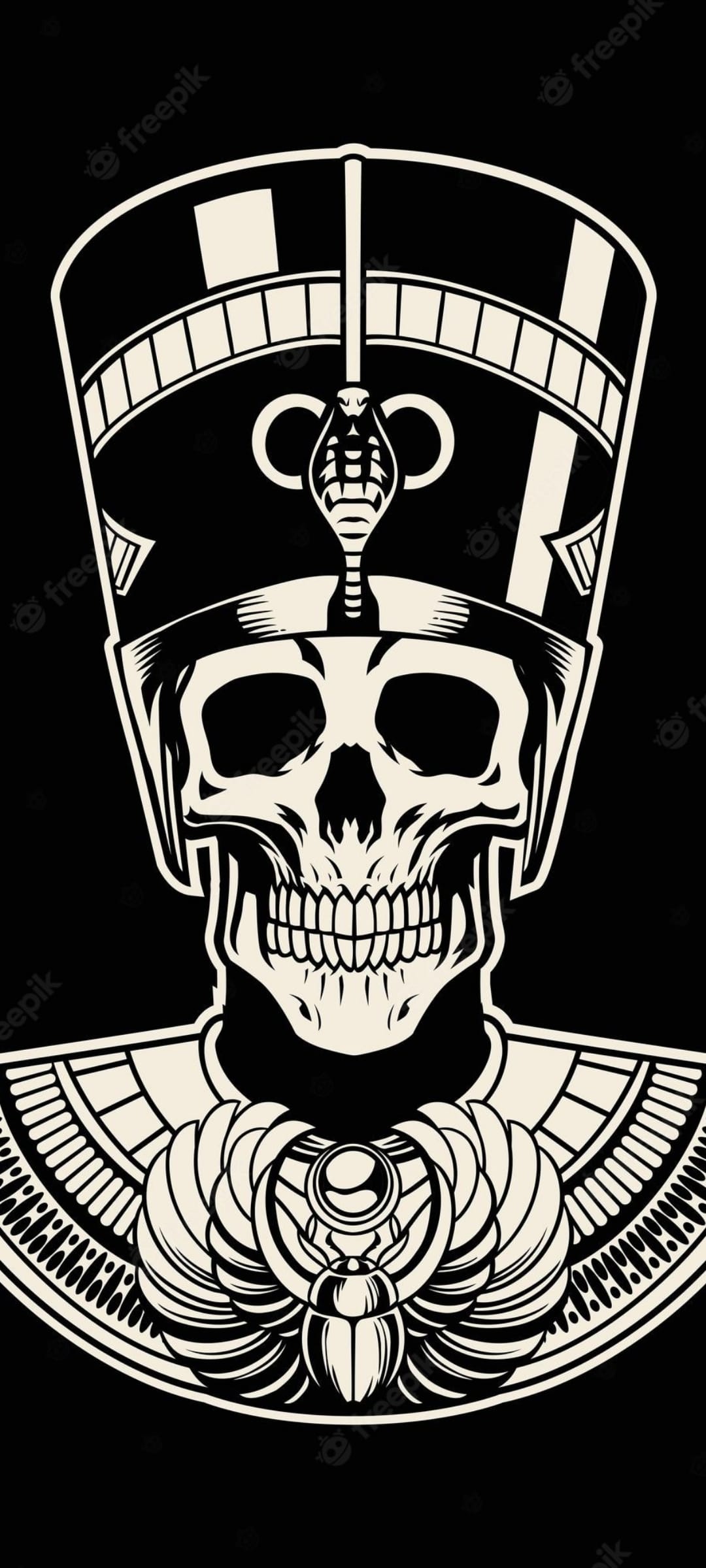 Pharaoh skull with a striped nemes headdress, cobra uraeus, and ornate scarab beetle in black and white ink style.