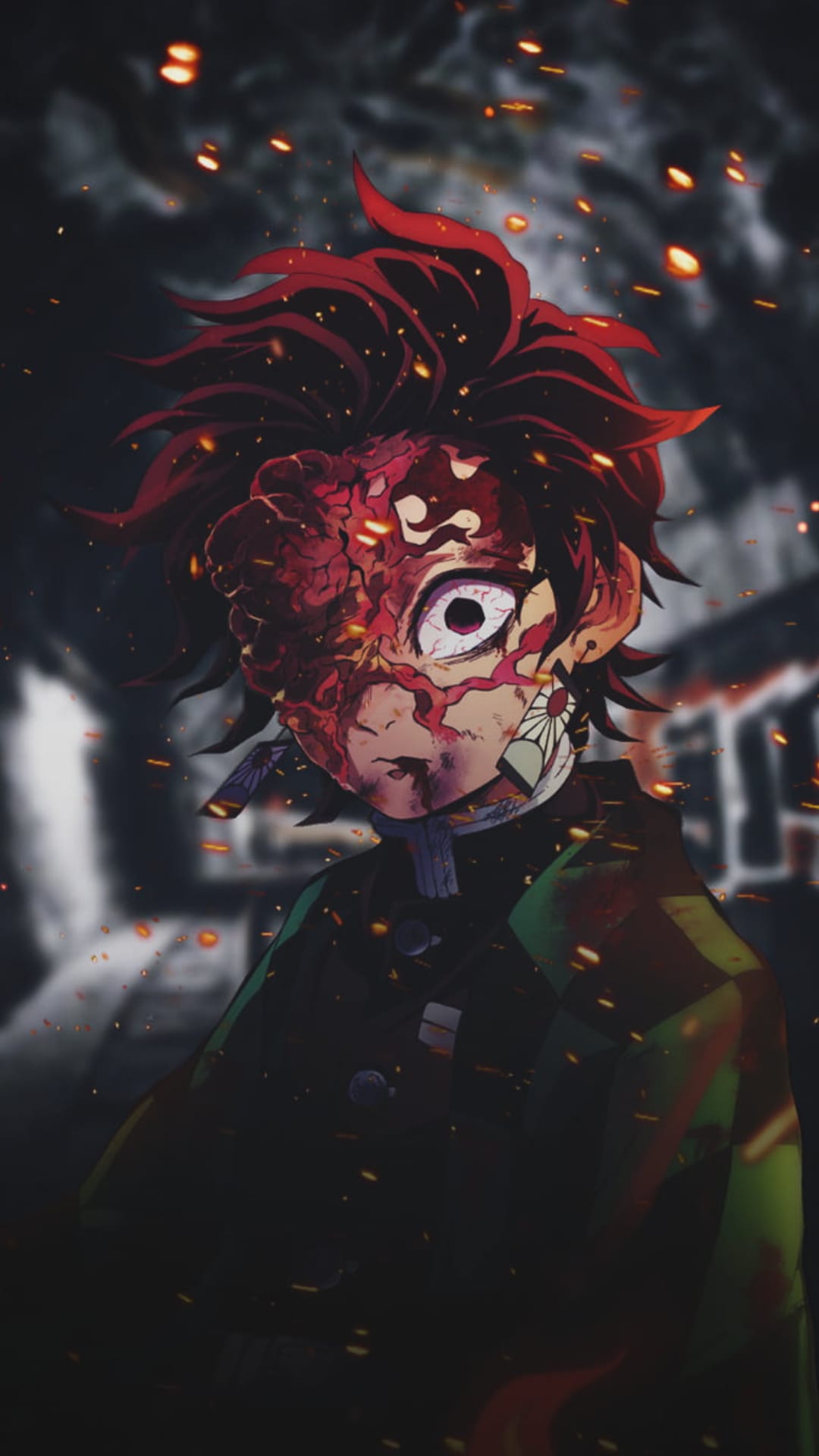 Tanjiro Kamado with a flaming demonic mark on his forehead, facial scars, and glowing embers on a dark backdrop.