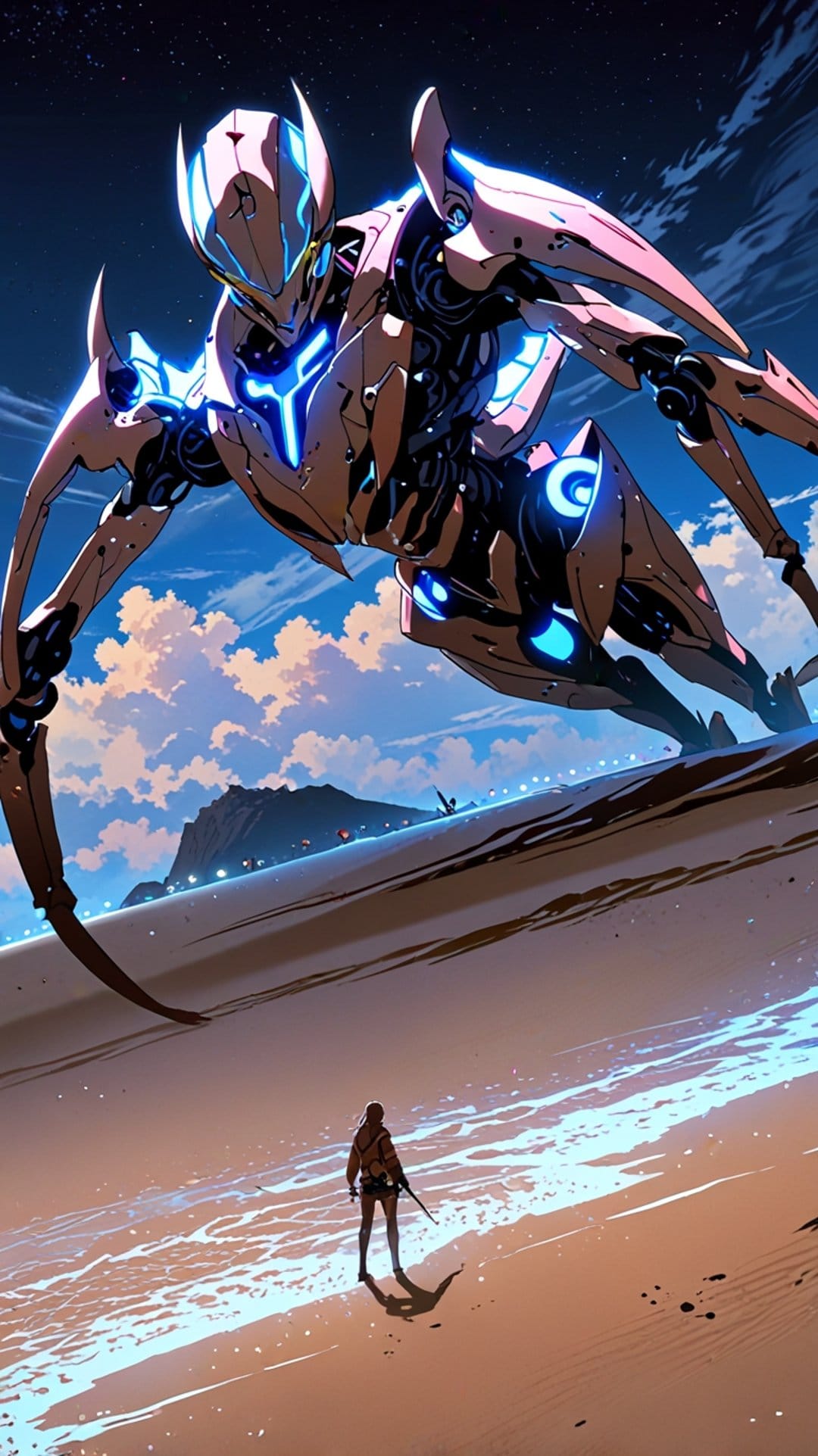 A colossal mechanical robot with glowing blue lights looms over a solitary swordsman on a sandy tropical beach.