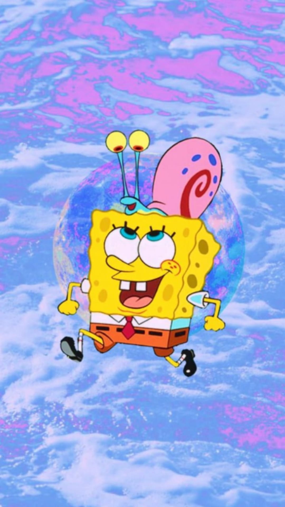 SpongeBob SquarePants and Gary the Snail running across a swirling pink and blue psychedelic background.