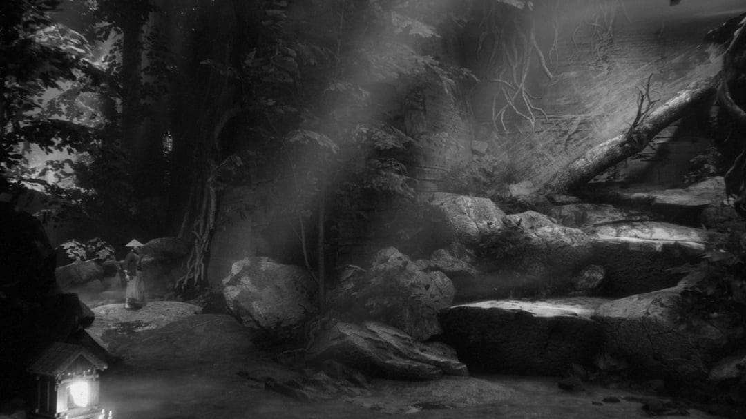 A samurai in a conical hat stands in a dark, misty forest with shafts of light and a glowing stone lantern.