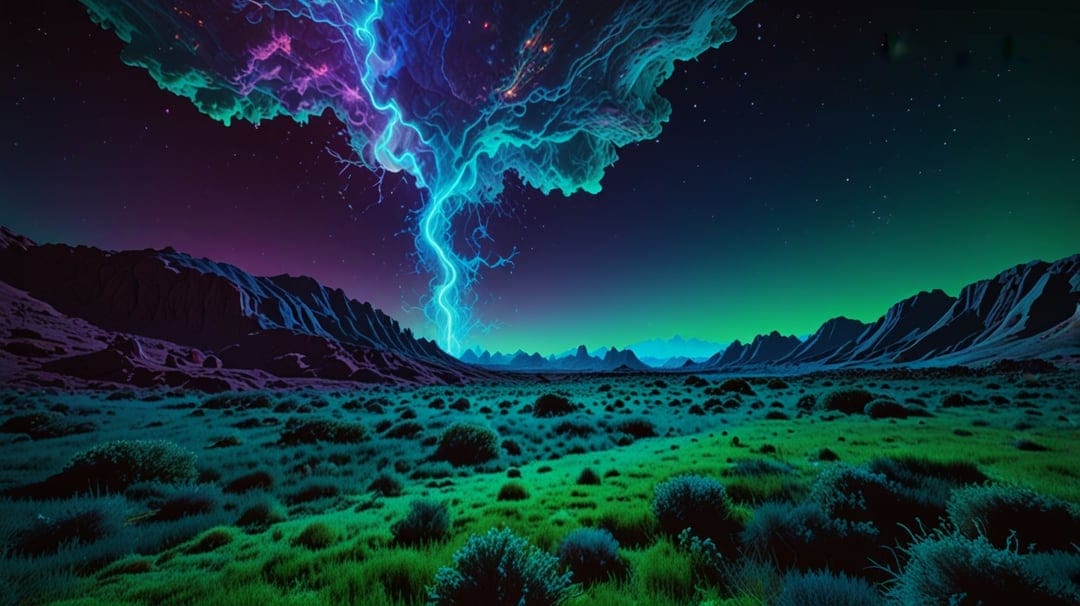 Neon purple and blue lightning bolts strike jagged mountains and a grassy plain under a swirling cosmic sky.