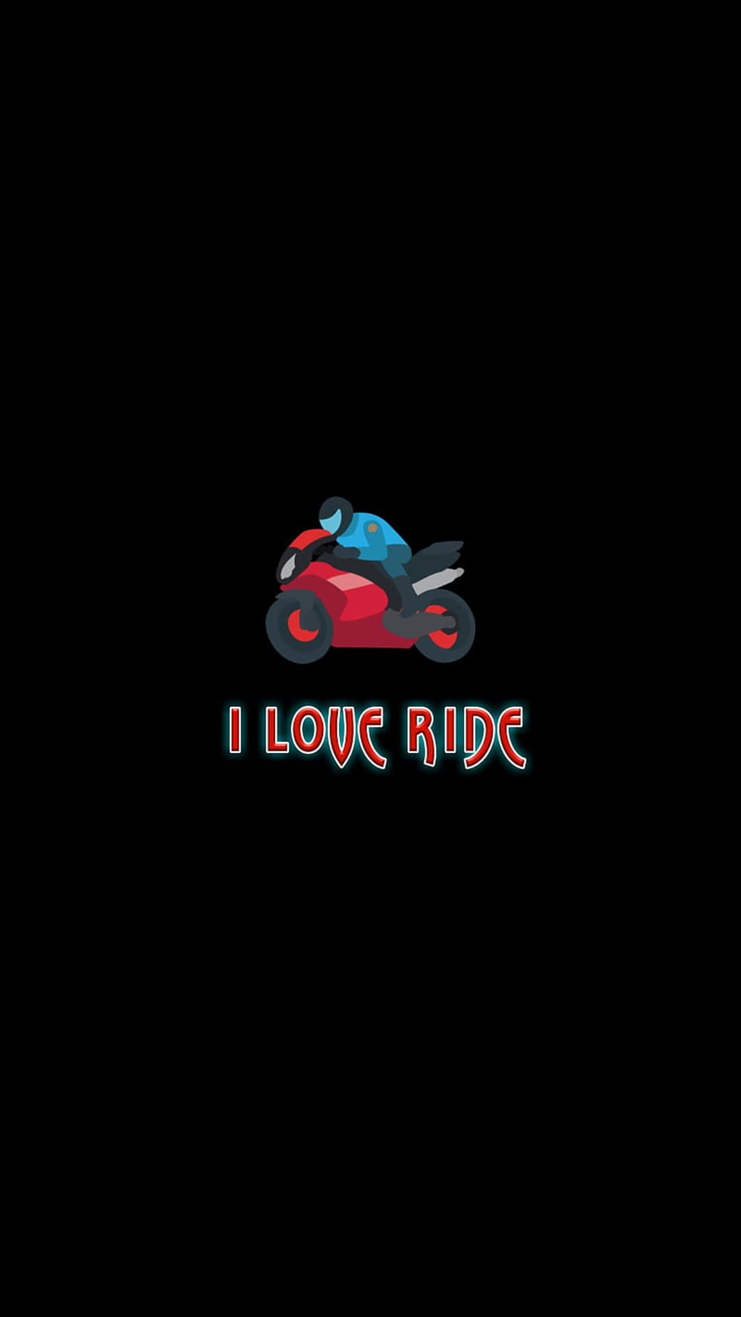 Person riding a red motorcycle above I Love Ride text featuring red and blue outlines on a black background.