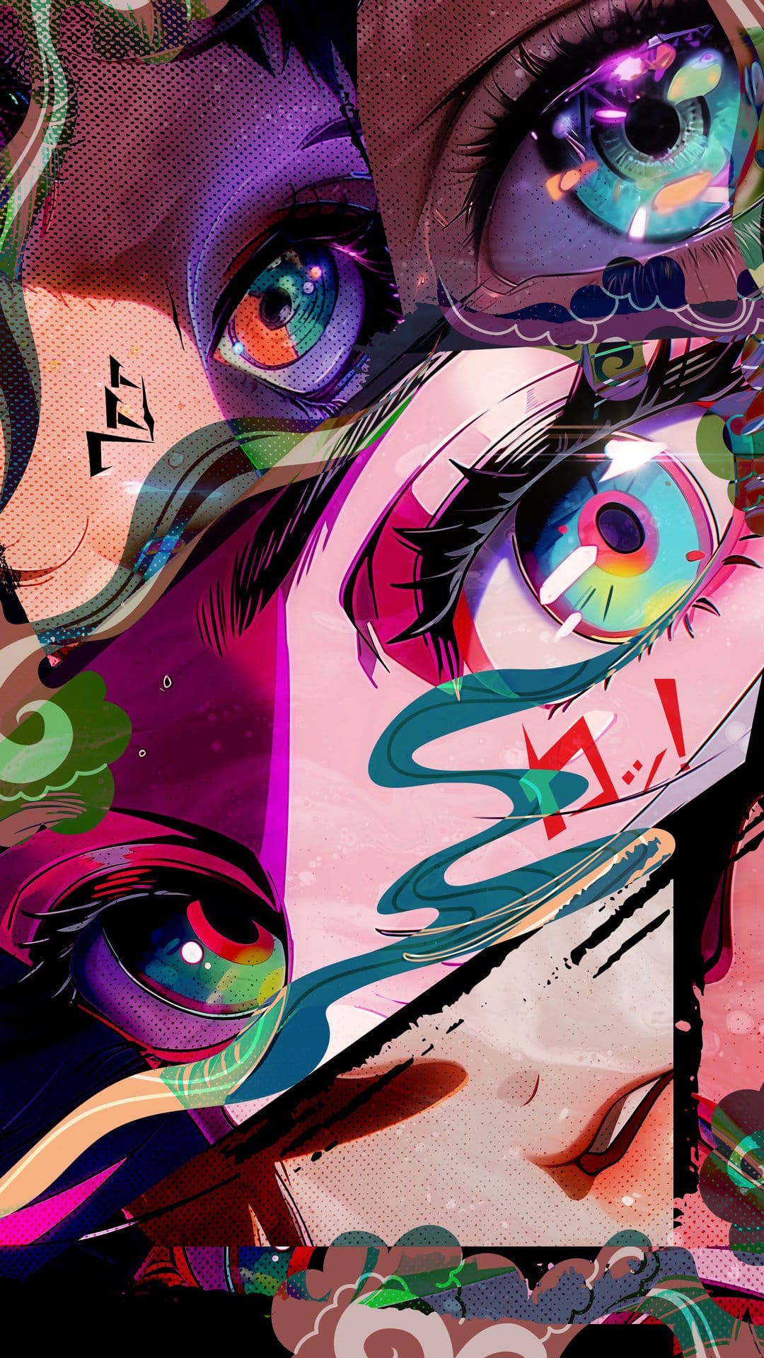 Multiple colorful anime eyes with halftone patterns and bold lines arranged in a psychedelic collage.