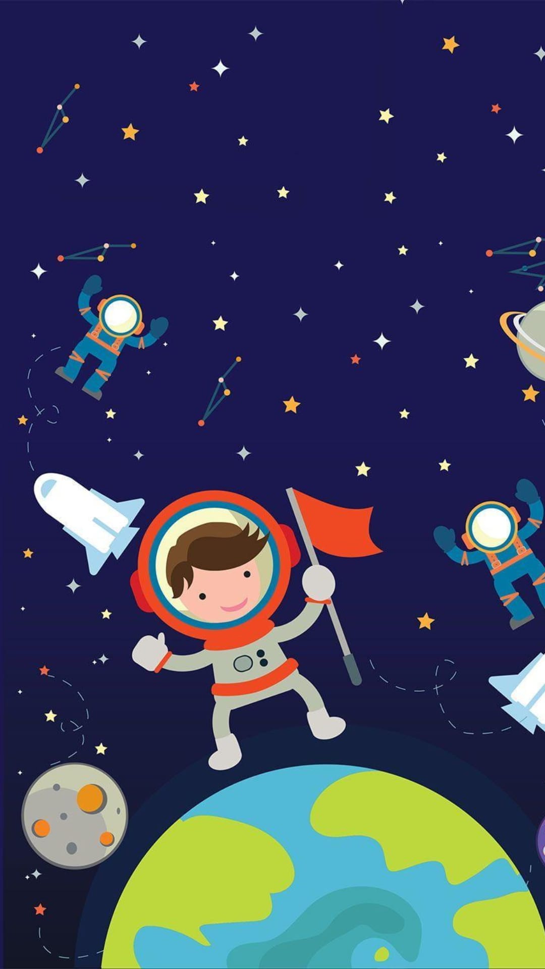 Chibi astronauts float near colorful planets and stars against a deep blue starry cosmos in vertical format.