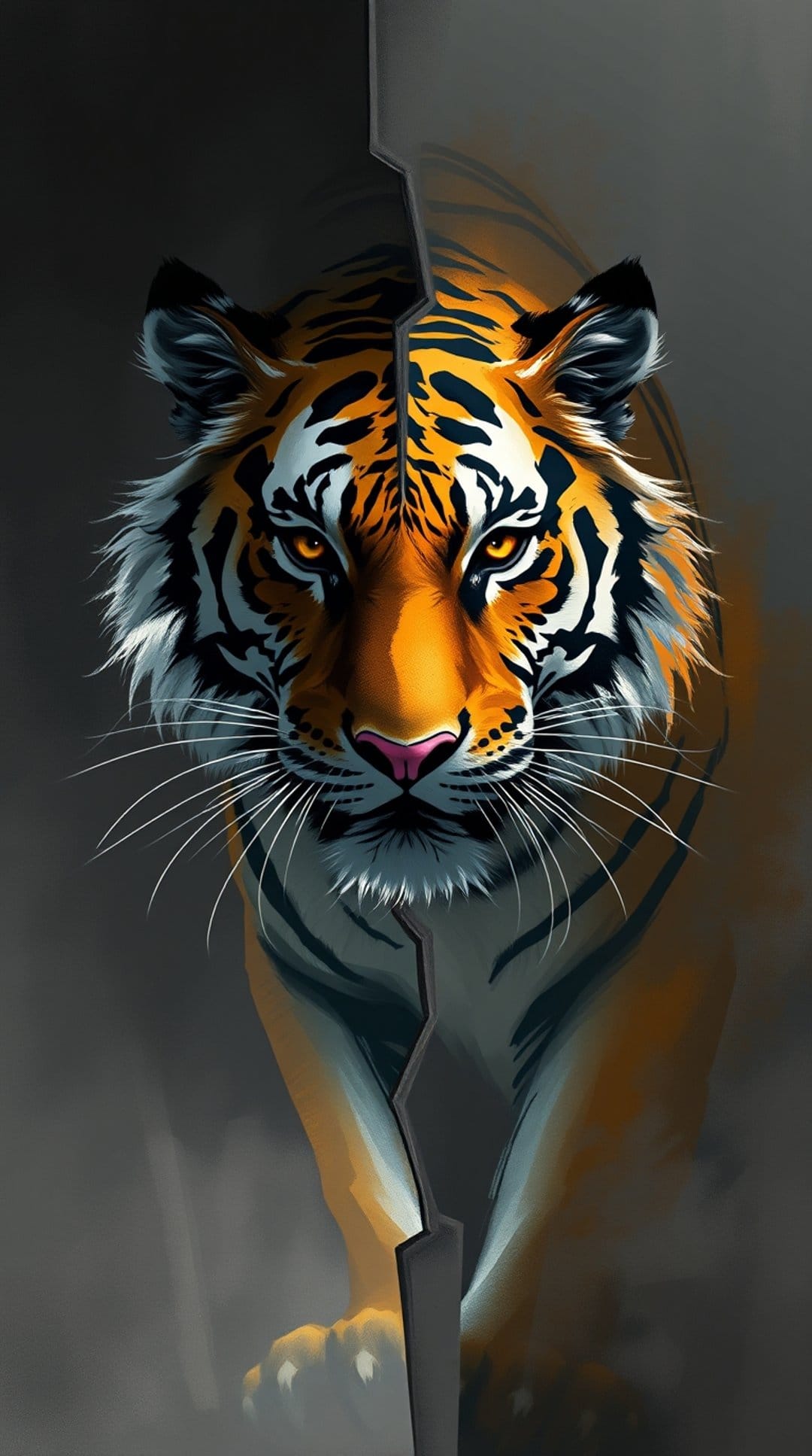 Tiger face with orange and black fur stripes bisected by a sharp diagonal line against a dark, moody background.