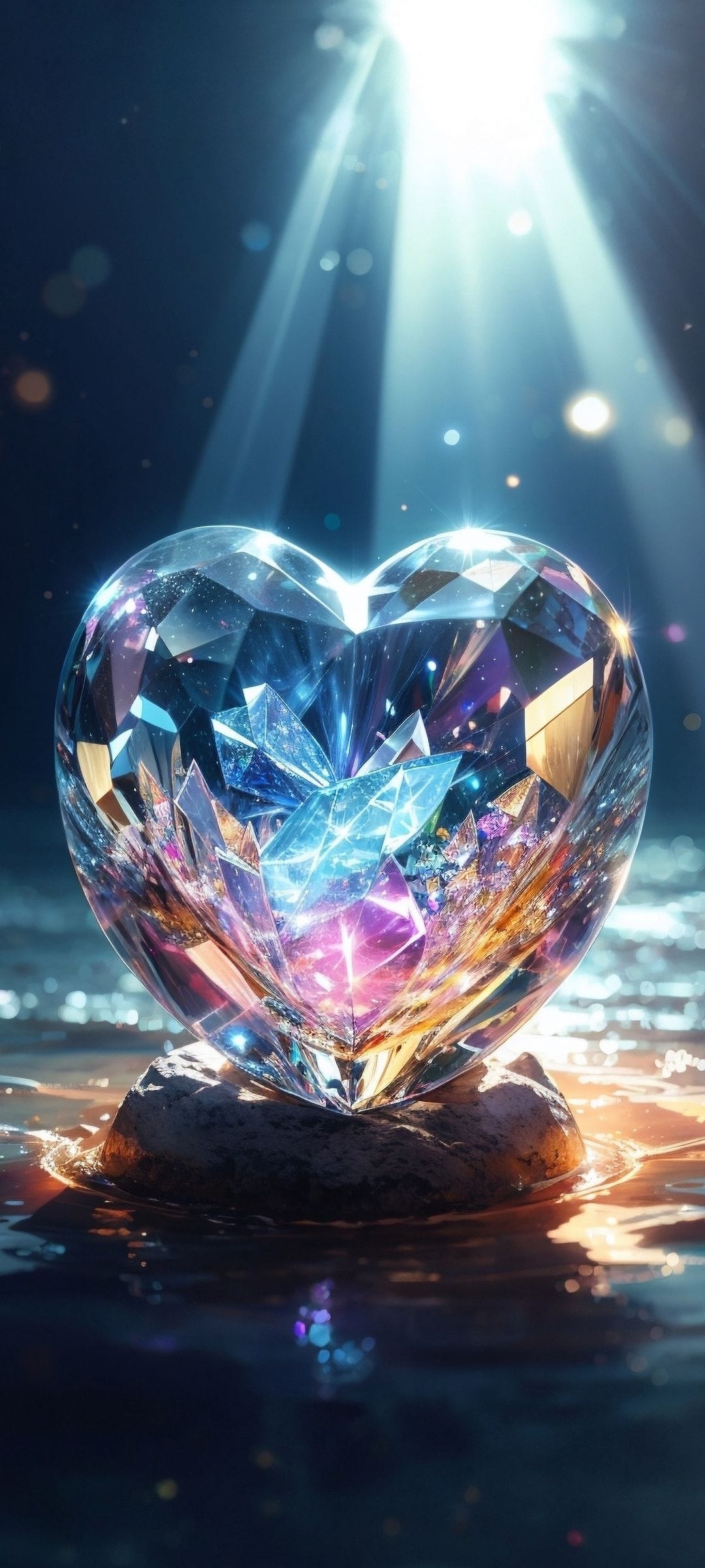 Luminous crystal heart on a dark rock in water with dramatic light rays and soft floating bokeh particles.