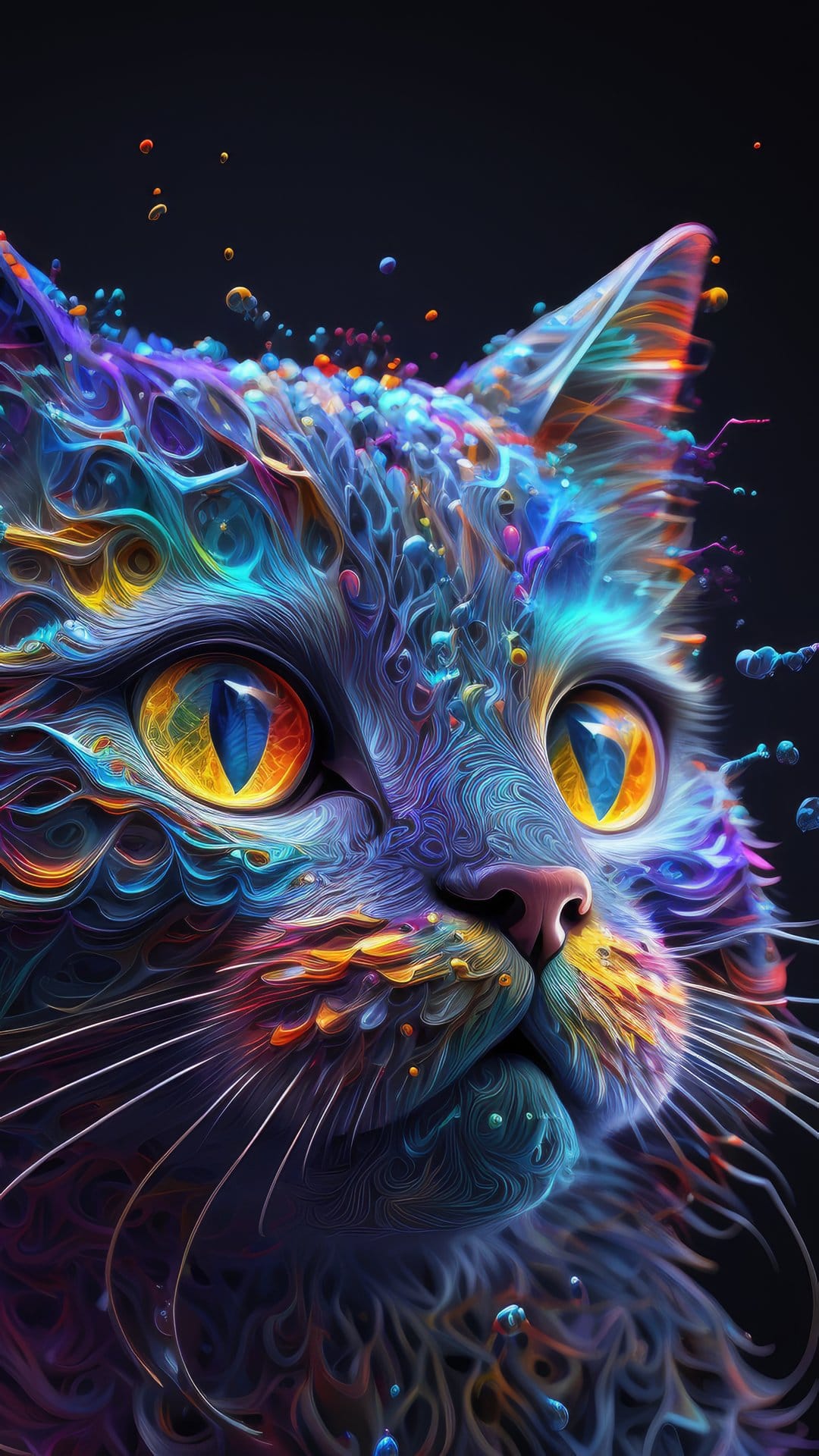 Feline face with glowing eyes and colorful swirling liquid patterns in shades of blue, orange, and purple.