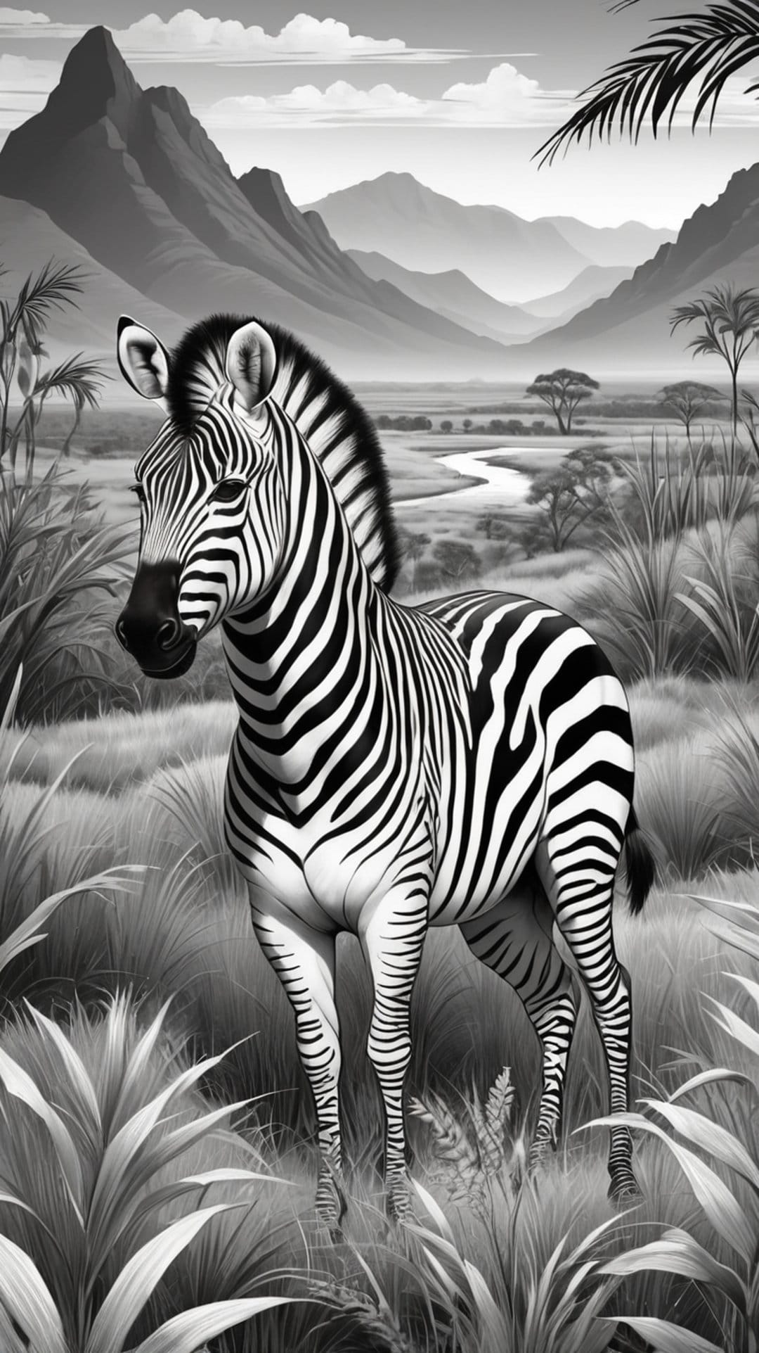 Zebra stands in tall grass with a winding river and mountains behind it in a black and white savanna landscape.