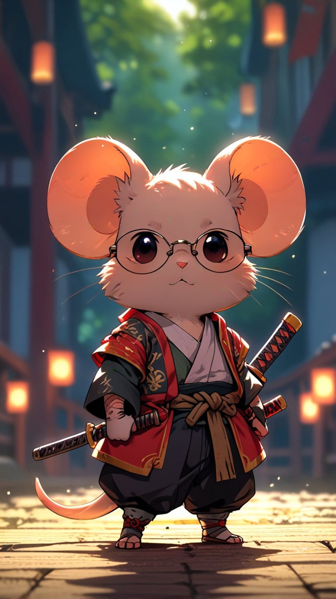 Mouse samurai wearing glasses and traditional robes holds two swords amidst glowing lanterns and garden trees.