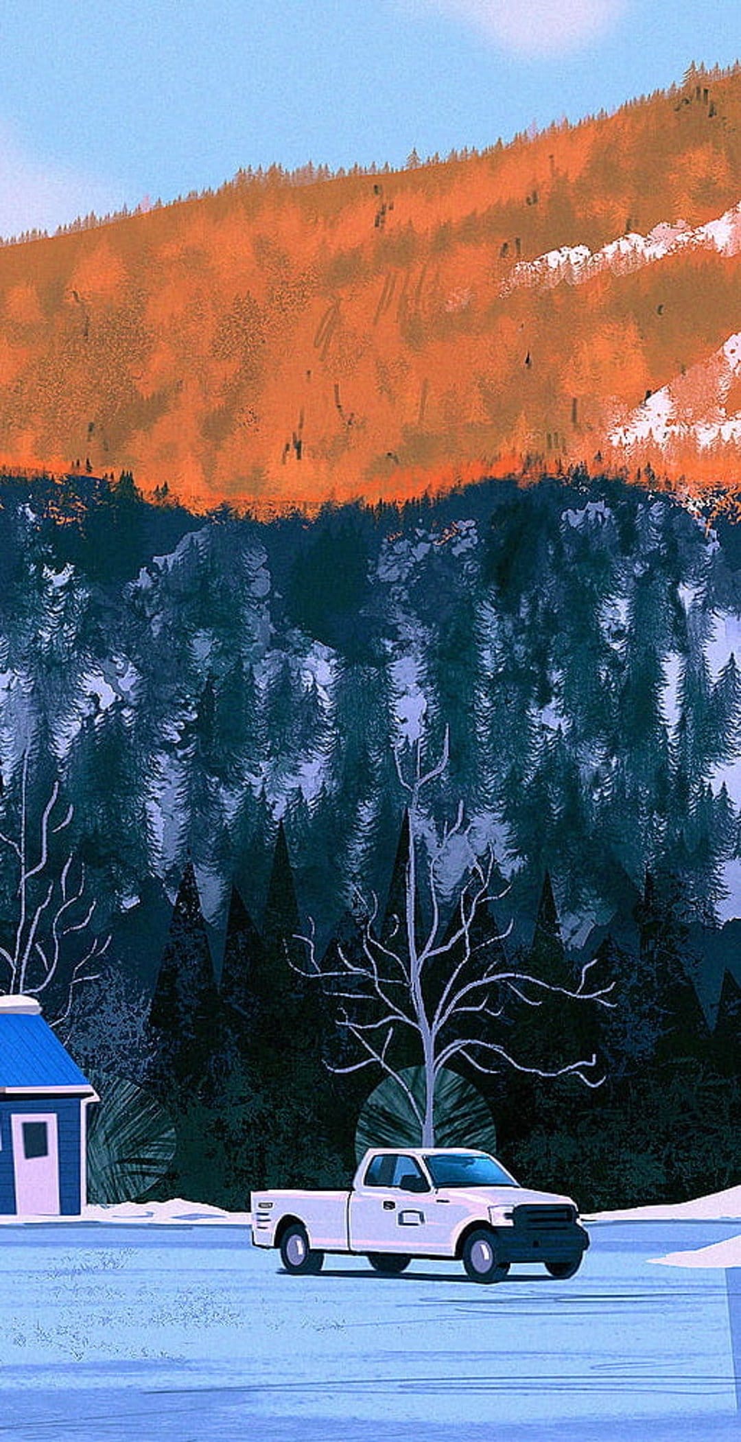 White pickup truck parked beside a blue cabin in a snowy clearing with sunlit orange mountains in the distance.