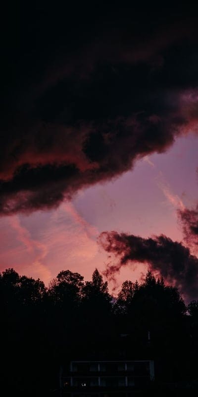 Pink sky, Purple sky, Sunset, Twilight, Cloudscape, Dark clouds, Aesthetic, Nature's palette, Evening, Sky art, Horizon, Serene, Dramatic, Atmospheric, Colorful, Silhouette, Trees, Natural beauty, Vibrant, Dusk