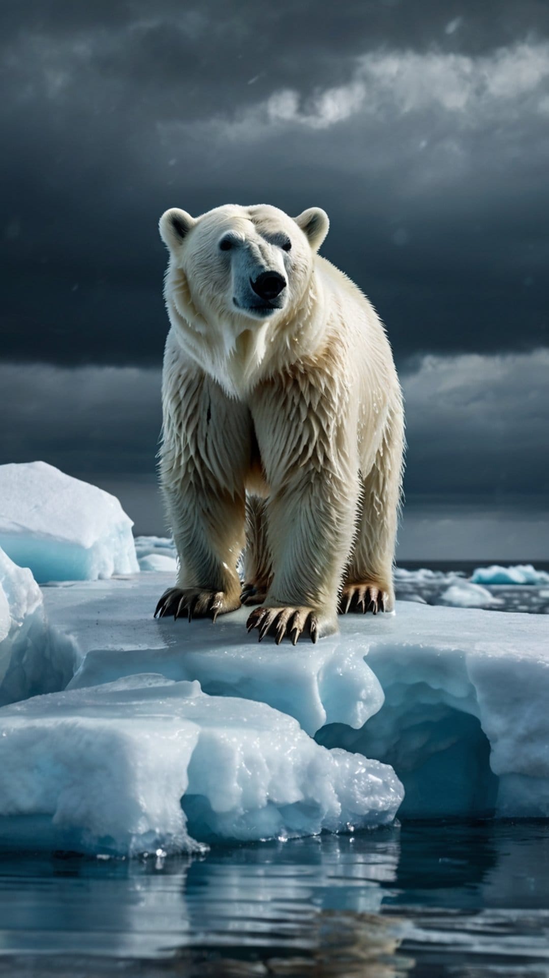 Polar bear standing on a small ice floe in dark choppy water under a grey, stormy sky in the Arctic.
