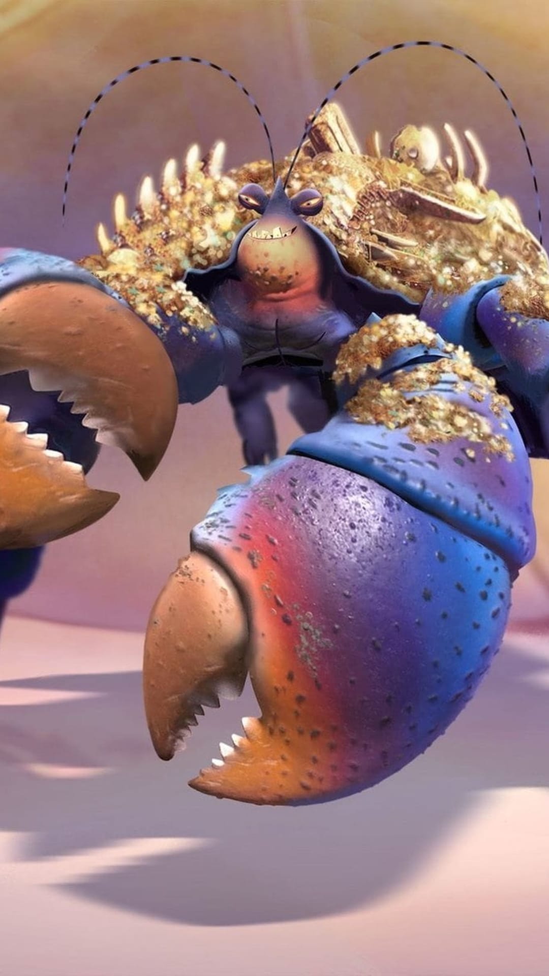 Tamatoa the giant crab smiles with a golden shell, blue pincers, and a sandy gradient background behind him.