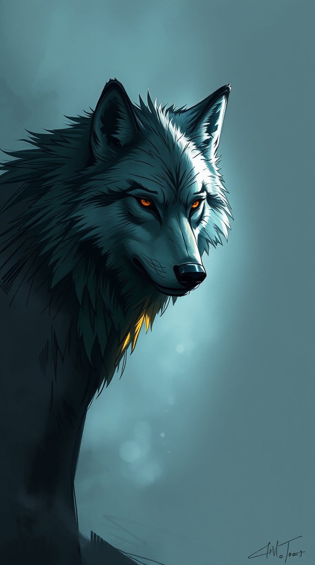 Wolf head with radiant orange eyes and detailed gray fur set against a dark blue-gray background with a neck glow.