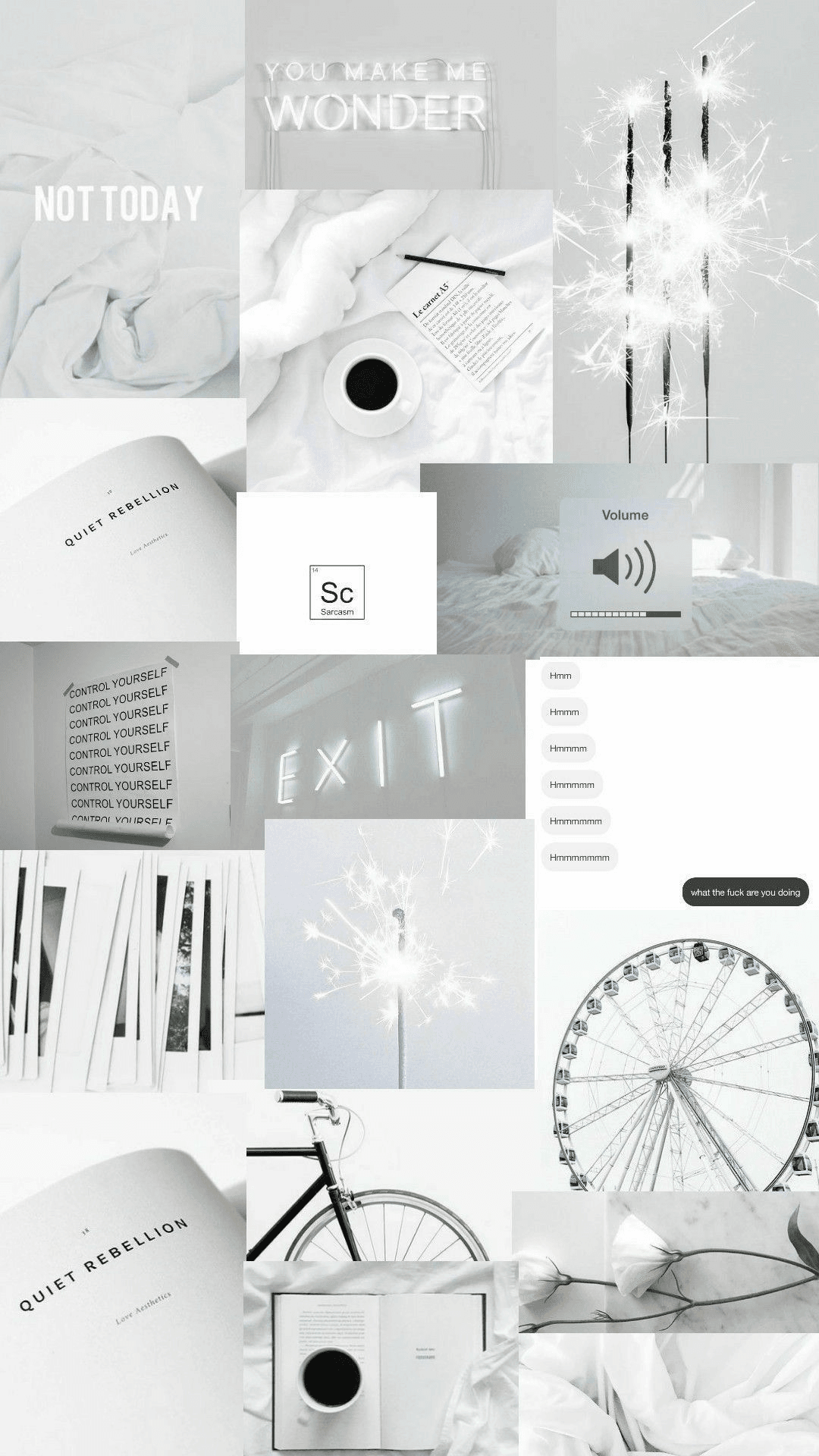 White collage featuring a neon sign, steaming coffee, a bicycle, and sparklers on a bright, minimalist background.