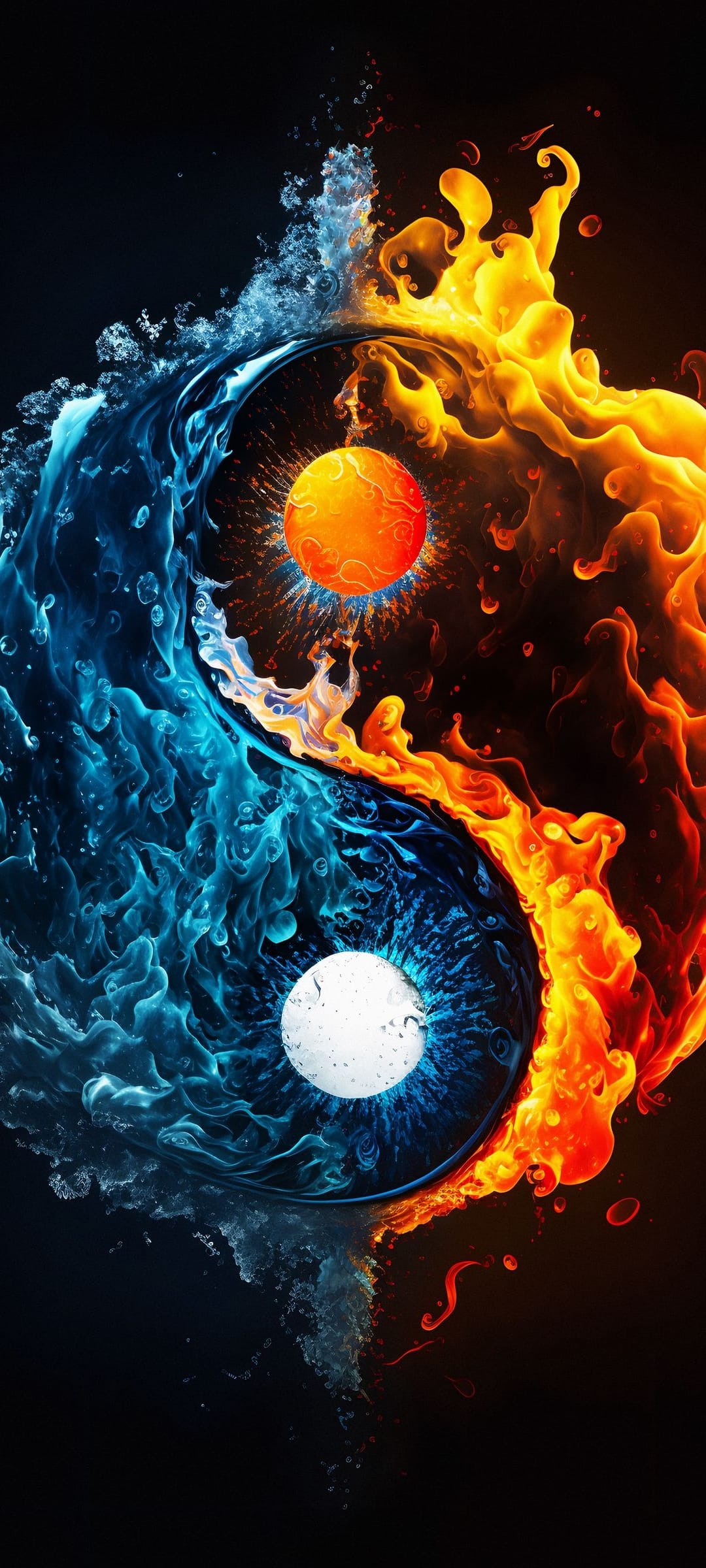 Yin Yang icon formed by rotating blue water currents and bright orange fire spirals against a dark backdrop.