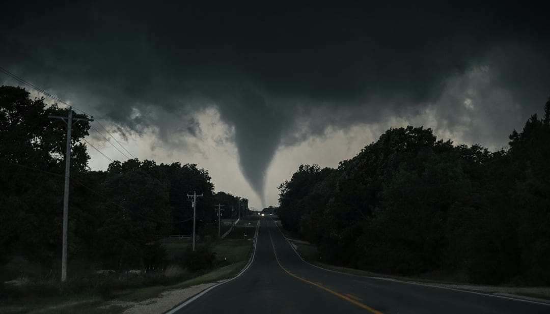 Massive dark tornado funnel touching down in the distance of a rural asphalt road lined with dense green trees.