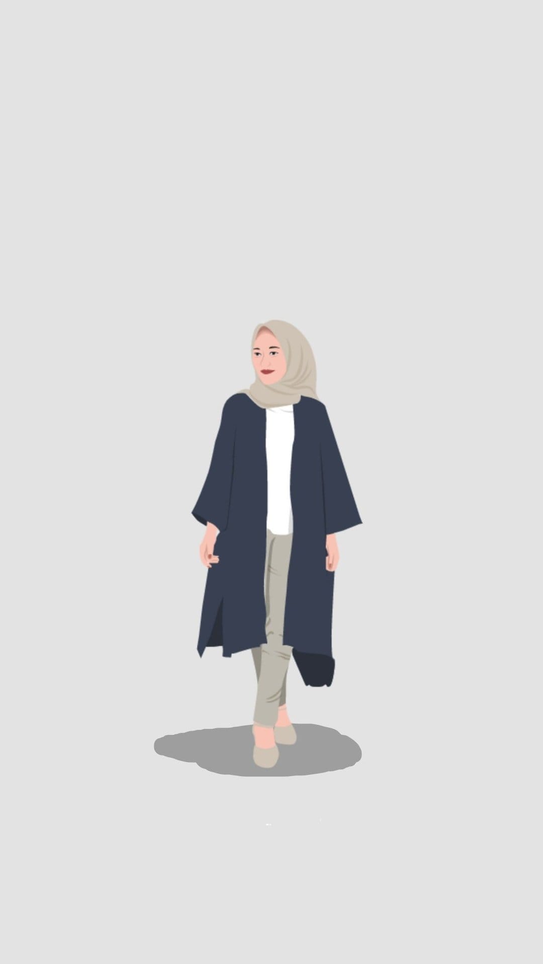 Muslim woman wearing a beige hijab and navy blue coat stands against a light grey background with subtle shadows.