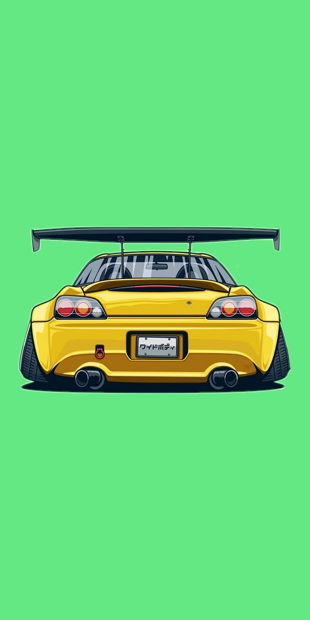 Yellow tuner car with a large rear wing, dual exhaust pipes, and custom lights on a solid green background.