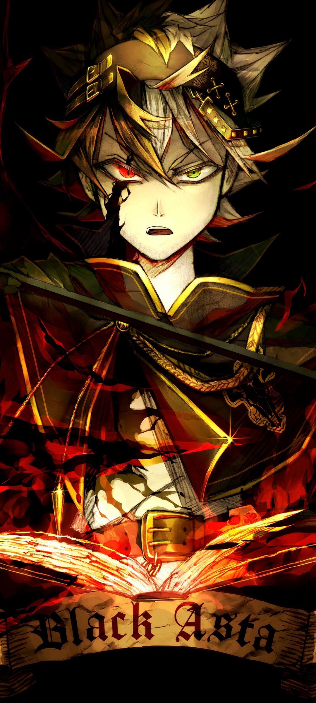 Asta glares forward with dual-colored eyes and a massive sword surrounded by swirling red and gold flames.