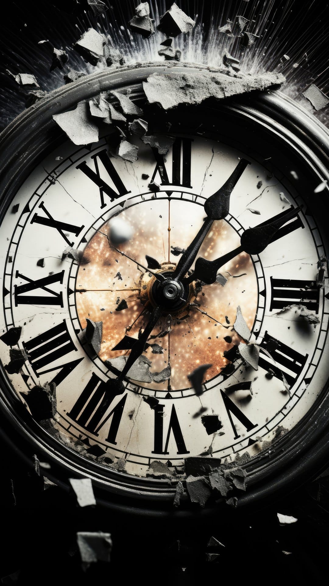 A vintage clock face with Roman numerals shattering into fragments against a swirling purple and blue cosmic nebula.