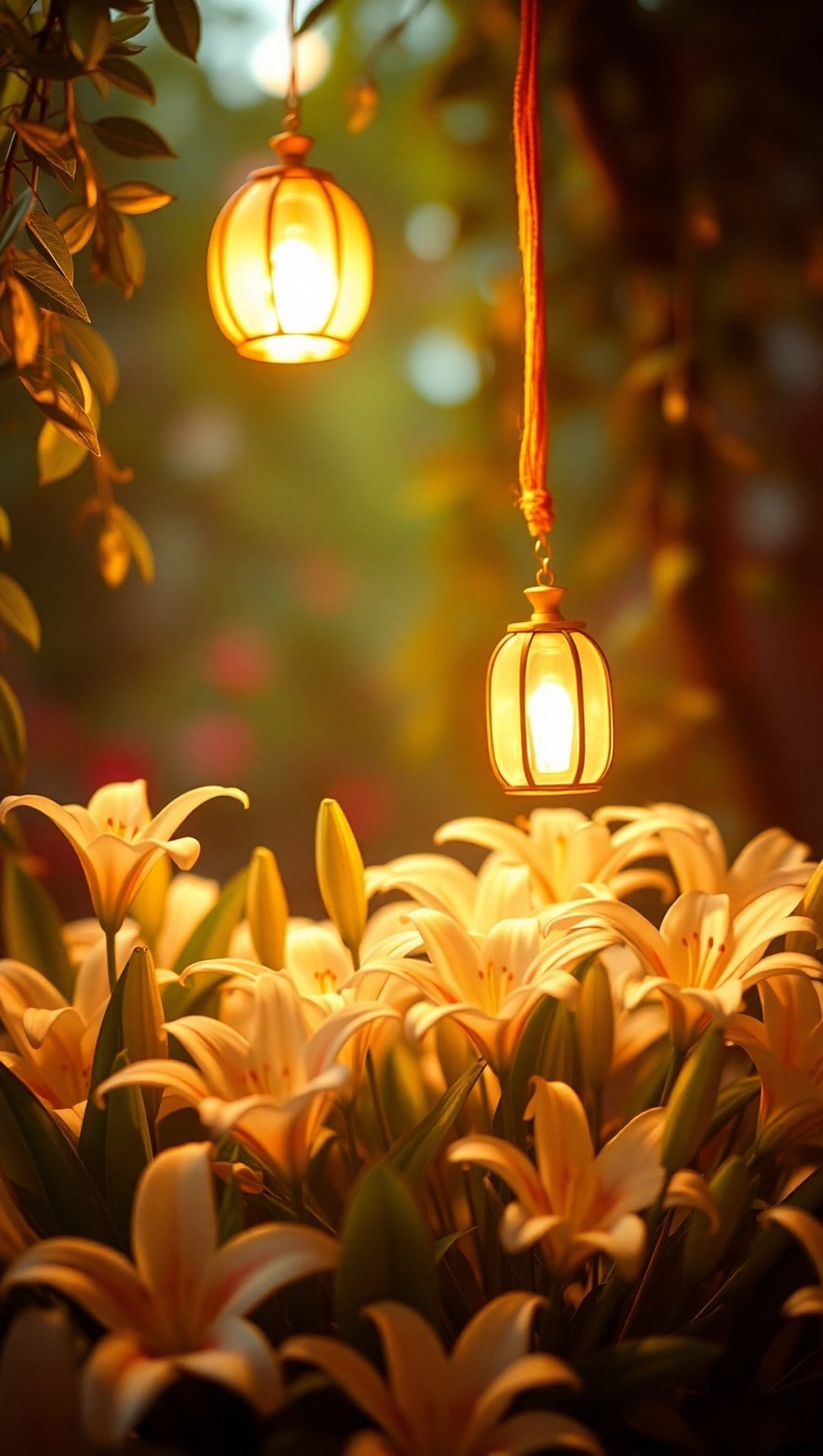 Two glowing lanterns hang above cream lilies in a dark garden with a soft green and red bokeh background.