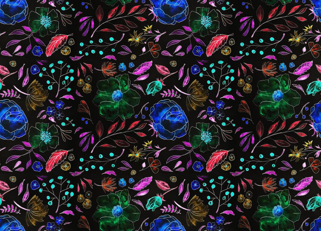 Colorful watercolor flowers and red leaves spread across a black background in a seamless floral pattern.