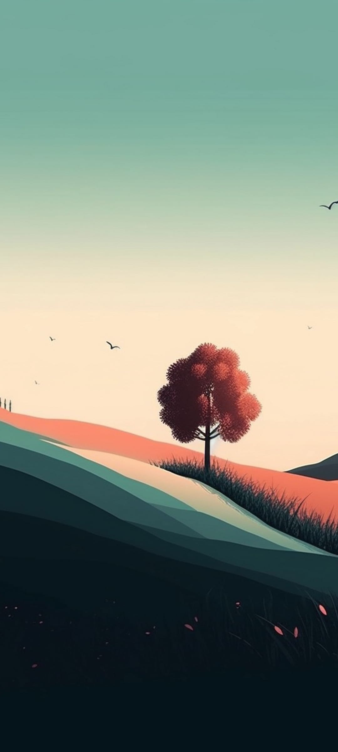 Lone tree with a red canopy atop rolling green hills as birds fly through a soft orange gradient evening sky.
