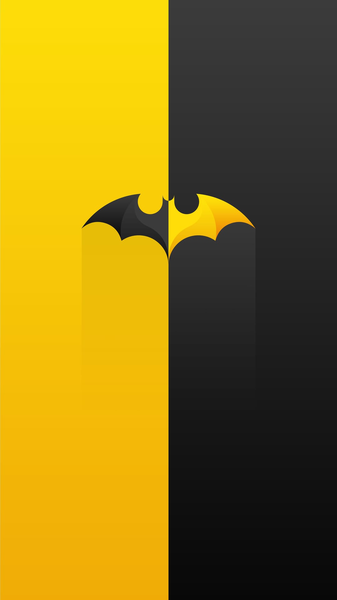 Batman bat-signal logo split vertically down the center with bright yellow on the left and black on the right.