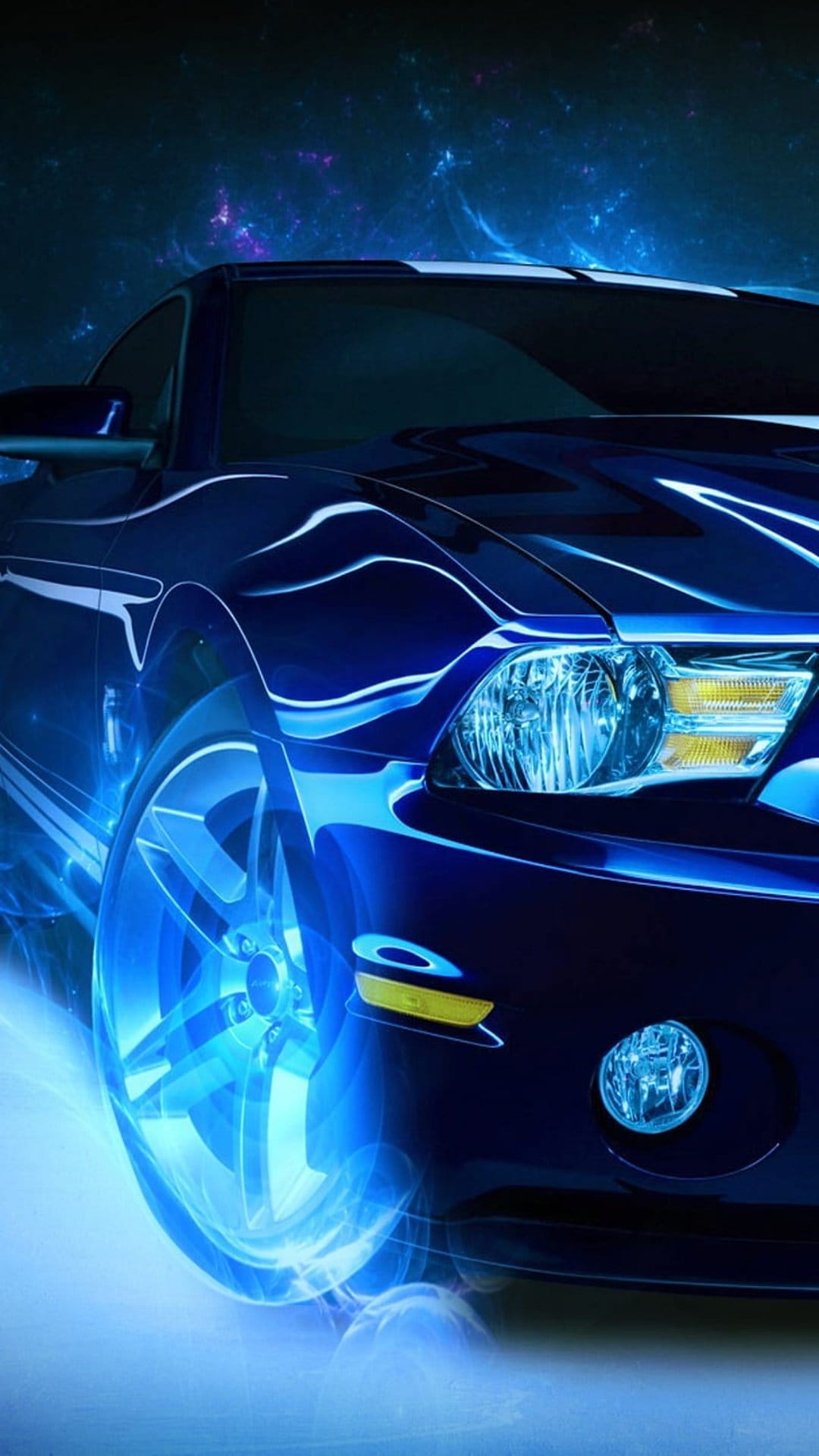 Blue Ford Mustang with glowing neon accents and illuminated rims parked amidst a dark cosmic nebula with stars.