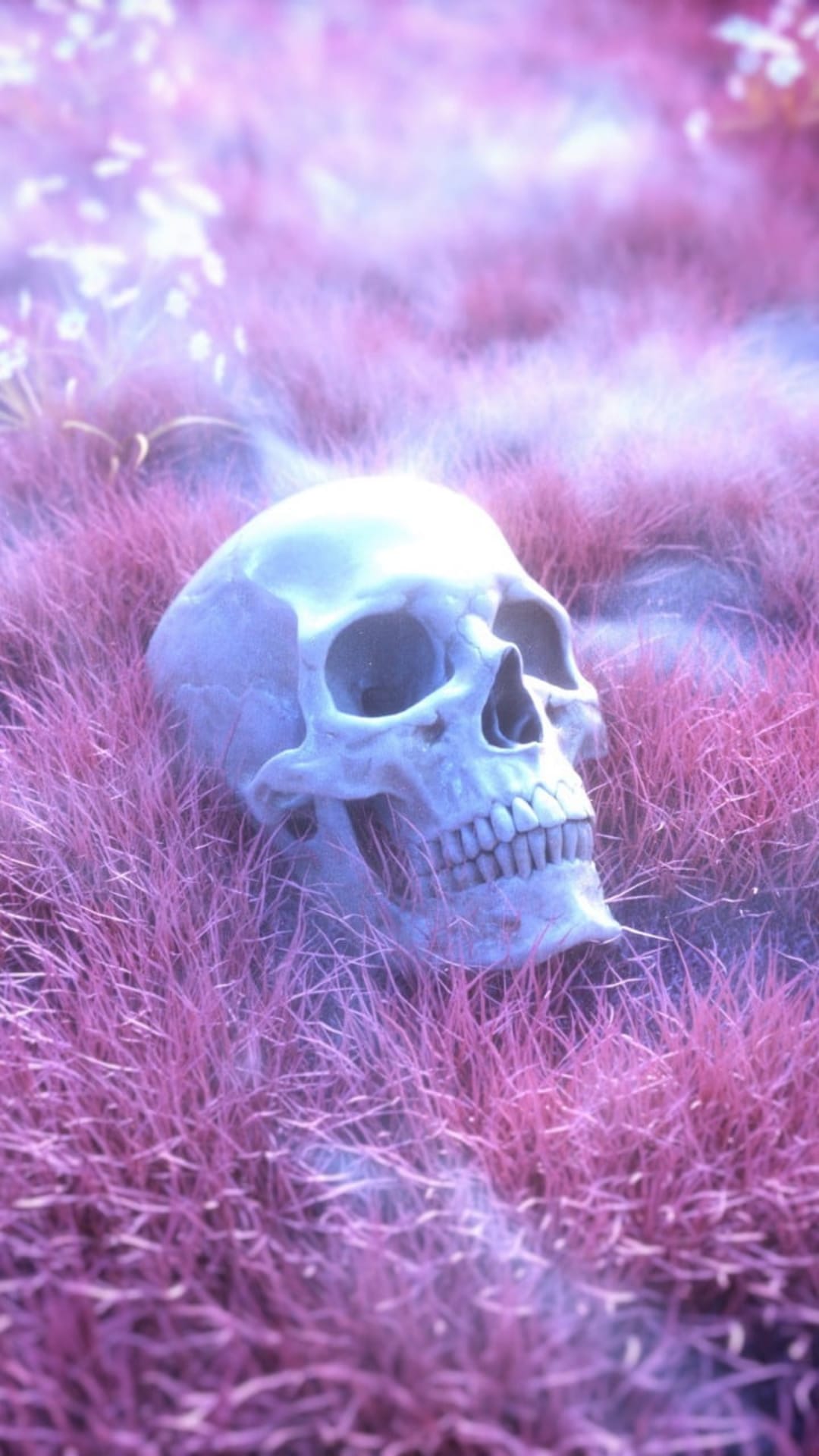 Human skull resting in thick purple grass with soft hazy lighting and a dreamy mystical atmosphere.