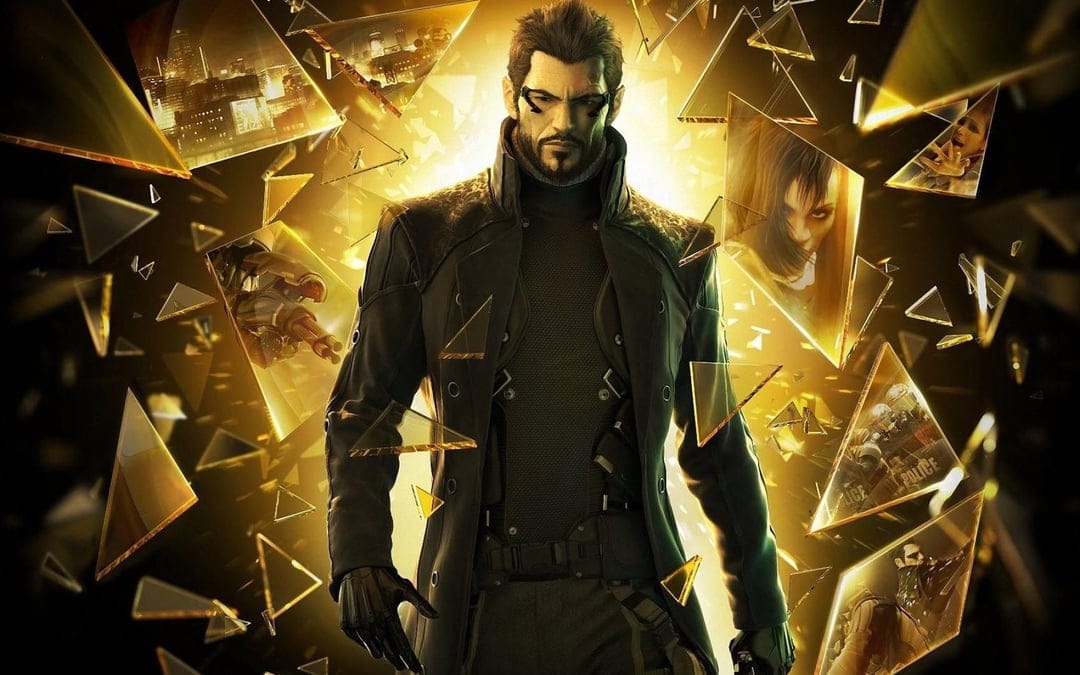 Adam Jensen in a black coat stands amidst exploding golden shards showing scenes of a futuristic city.