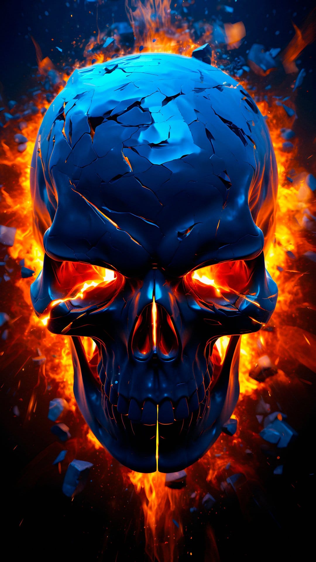 Blue skull shatters into pieces while engulfed in swirling orange and red flames with glowing yellow eye sockets.