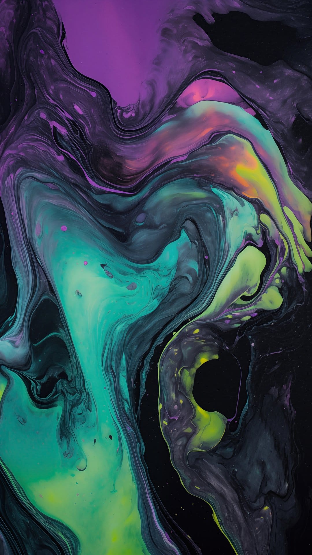 Purple and teal paint swirls blend into a marbled pattern with neon green highlights and fluid liquid textures.